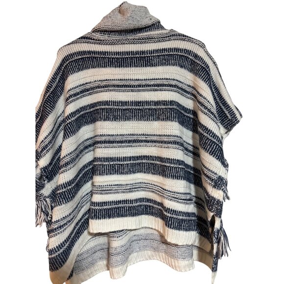Striped Fringe Women Cowl Neck Poncho Navy Cream OS Cottagecore Quiet Luxury - Picture 3 of 11